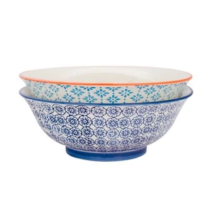 Porcelain Salad Bowl China Fruit Food Serving - Orange / Blue Floral - 20cm x2 - Picture 1 of 7