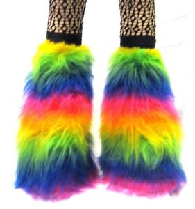 NEON UV MULTI RAINBOW FLUFFY FUR LEG WARMERS BOOT COVERS RAVE CYBER FLUFFIES