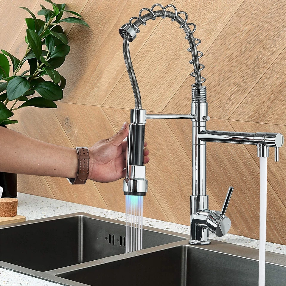 Modern Kitchen Pull out Mixer Taps Dual Spout Spray Shower Head Chrome 2 Hoses