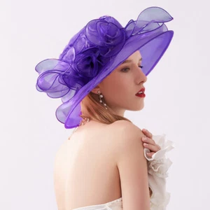 Women Foldable Organza Church Derby Hat Ruffles Wide Brim Bridal Sun Hats Summer - Picture 1 of 17