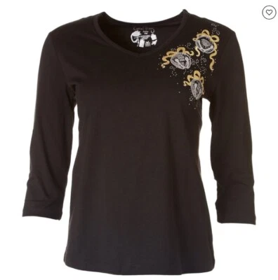 CORAL BAY Womens Silver Bells 3/4 Slv Black TOP L (12-14) XL (16-18) NWT  - Image 1 of 2