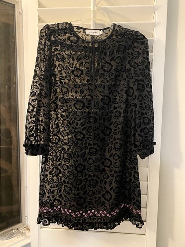 abito coach nero pizzo floreale trasparente sovrapposizione NUOVO taglia 0 con fiori rosa