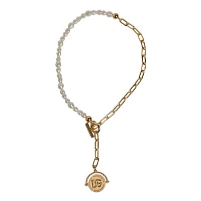 DOLCE & GABBANA Necklace Gold Chain Brass Faux Pearl Charm Logo Pendant 1200usd - Image 1 of 4