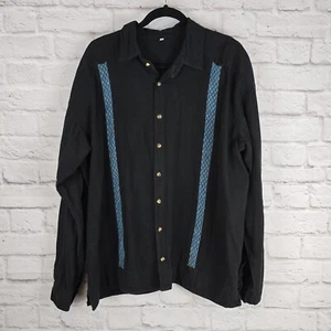 Handmade Button-Up Shirt Black with Blue Embroidery Size XL Boho Casual - Picture 1 of 8