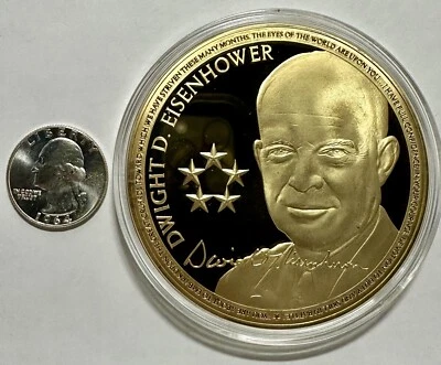 2014 US Dwight D. Eisenhower Commemorative Coin - 24K Gold W/COA - 110g & 70mm - Image 1 of 4