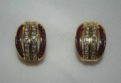 Estate 18K Yellow Gold Diamonds Rubies Pave Set Omega Backs Earrings - Image 1 of 4