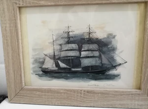 Impresión náutica marítima de barco de 3 mástiles firmada por el escenario de Mads enmarcada años 70 - Imagen 1 de 14