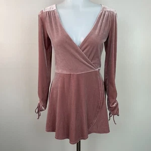 Urban Outfitters Romper XS Dusty Pink Velvet Wrap-Front Long Sleeve Stretch - Picture 1 of 17