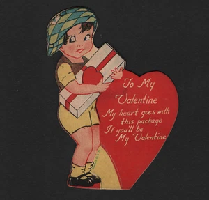 OPC Vintage Made in USA Girl Holding Box Die Cut 4" Valentine 31280 - Picture 1 of 2