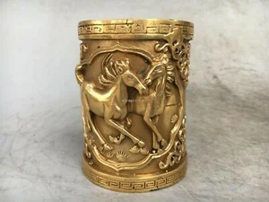 4'' brass copper carved animal horse brush pot tubular penrack - Picture 1 of 9