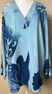 NATORI Vintage 80s Women Blouse Tunic 100% Rayon Blue Hawaiian XL - Picture 1 of 13