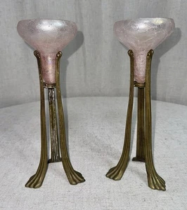 Vintage Art Deco Nouveau Silvestri Pink Glass Candle Holders Brass Stand Metal - Picture 1 of 7