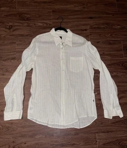 BOSS Hugo Boss Shirt Mens Large White Green Linen Stripe Button Front Casual - Picture 1 of 7