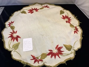 1980🌟Vintage Linen Emb Royal Society Silk 17” Round POINSETTIA Christmas CUTTER - Picture 1 of 8