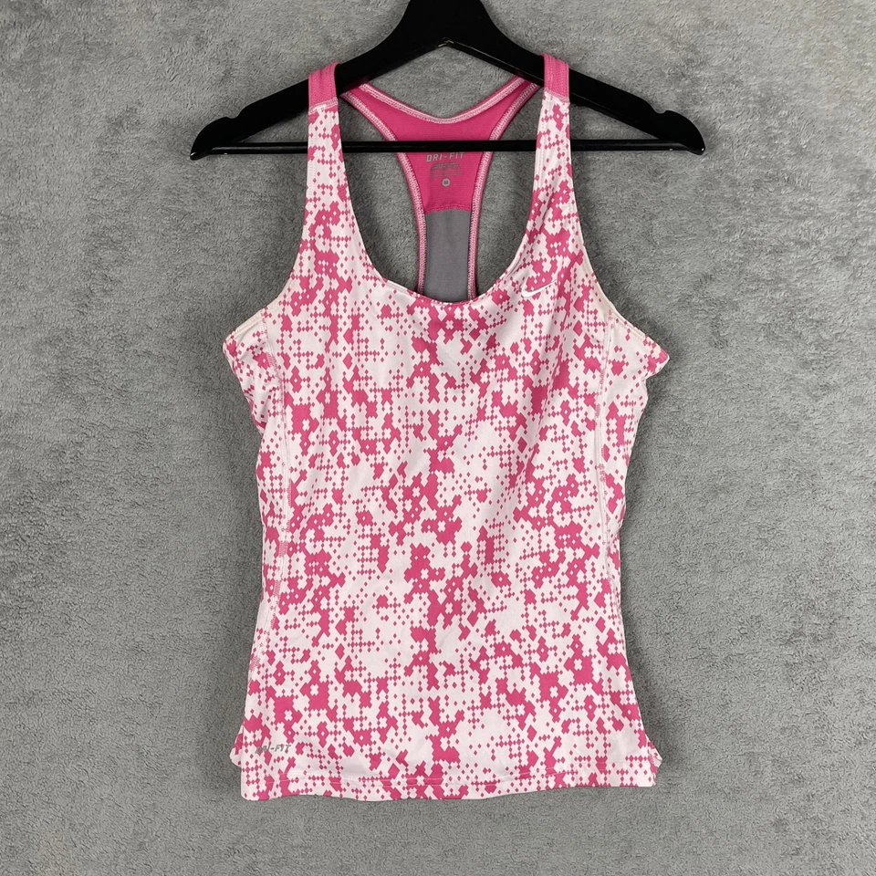 Camiseta sin mangas Nike Dri-Fit para mujer mediana rosa blanca sujetador incorporado gimnasio para correr Foto 1 de 4