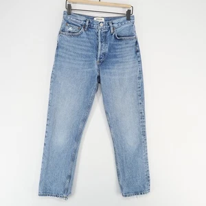 AGOLDE Riley Crop Jeans Womens 27 Blue Distressed Button Fly High Rise Straight - Picture 1 of 11