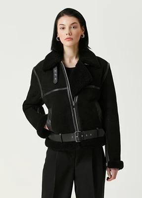 Women Shearling Aviator Bomber Jacket Black Suede Leather Fur Lined Winter Coat - Image 1 of 4