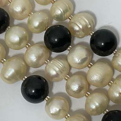 Vtg Genuine Baroque Cream Pearl & Black Onyx Beaded Necklace Sterling Silver 37” - Image 1 of 4