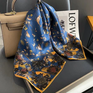 100% Silk Scarf Women Vintage Blue Leaves Kerchief Square Bandana Wrap 68*68cm - Picture 1 of 7