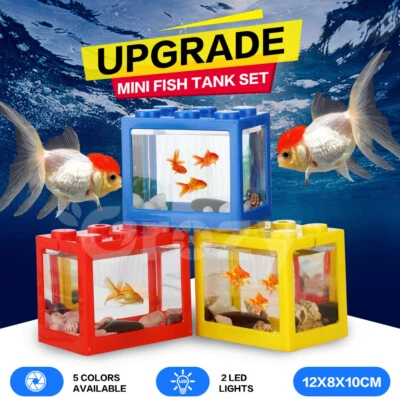 1L Mini Aquarium Lego Block Desktop Small Clear Betta Fish Tank LED Light Office - image 1 of 4