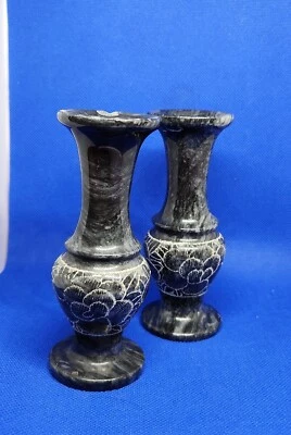 Jarrones Bud de piedra de mármol años 50 grabados grabados mármol negro y gris (2) vintage  Foto 1 de 4