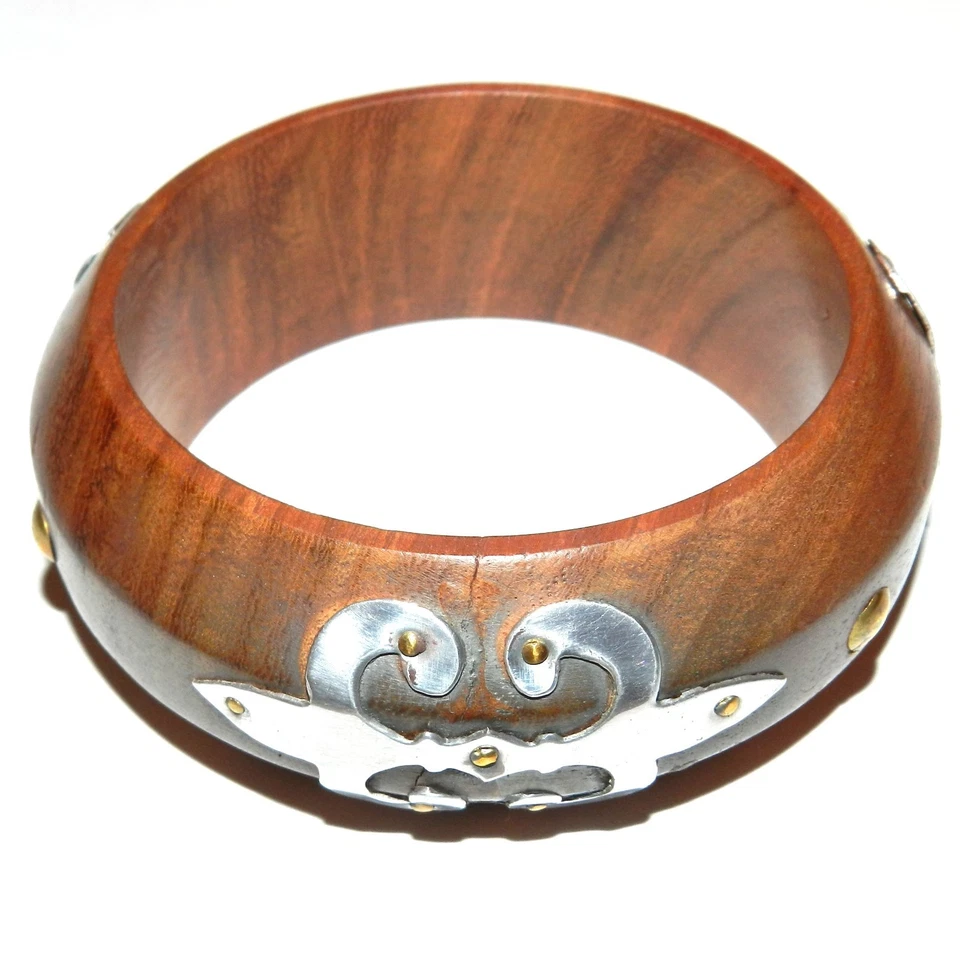 BR491 Fleur-De-Lis on Wood Bangle 31mm w Aluminum & Brass Focals 2.5" Inside  - Image 1 of 1
