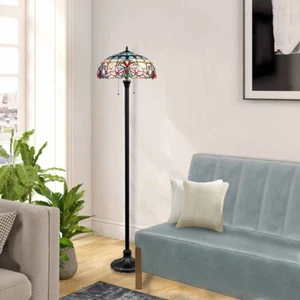 Stained Glass Victorian Style Dark Bronze 2 Bulb Floor Lamp 18" Wide Shade - Picture 1 of 8
