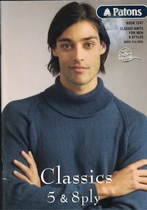 PATONS KNITTING BOOK - CLASSIC KNITS FOR MEN Book #1247 Six styles Sizes S-XXXL - Picture 1 of 4