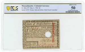 1780 $2 Massachusetts Colonial Currency Fr. MA-279 PCGS 50 (63002) - Picture 1 of 2