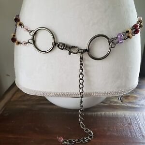 Vintage Boho Beaded Silver Tone Chain Belt with Maroon, Pink, Purple Beads