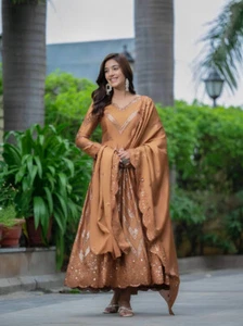 Traditional Wear Chinnon Silk Anarkali Salwar Kameez With Dupatta For Women - Picture 1 of 13