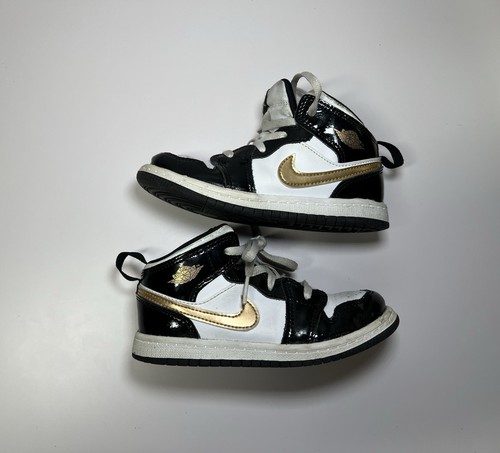 Nike Air Jordan 1 Retro Mid Nero Oro Bianco Bambino Taglia 10C