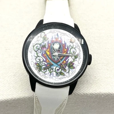 Reloj Ed Hardy Calavera Banda de Goma Blanca Acero Inoxidable Resistente al Agua AU FS Foto 1 de 4