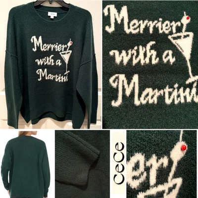 全新带标签 CeCe “Merrier with a Martini” 珠宝毛衣 S、M、L、XL 绿色超大!!!! — 第 1/4 张图片
