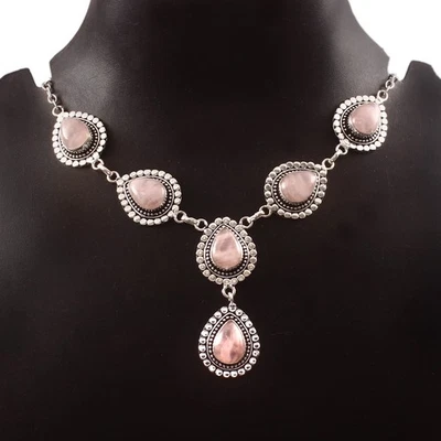 Collar hecho a mano de plata de ley 925 con piedras preciosas de cuarzo rosa natural Foto 1 de 3