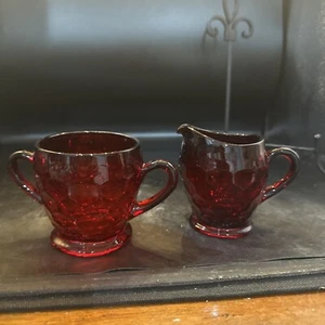 fenton glass georgian Honeycomb Ruby Sugar And Creamer - Picture 1 of 9