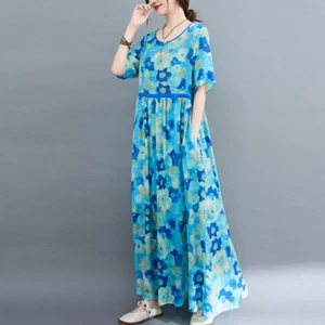 Lady Cotton Linen Flower Print Loose Long Dress Short Sleeve Pocket Boho Summer - Picture 1 of 12
