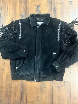 DE COLECCIÓN EE. UU. PIONEER WEAR Chaqueta Occidental Flecos L Negro Gamuza Abrigo de Cuero Azteca Foto 1 de 4