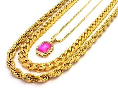 MEN STAINLESS STEEL GOLD MIAMI CUBAN ROPE  CHAIN RED RUBY STONE 3 NECKLACE SET - Image 1 of 4