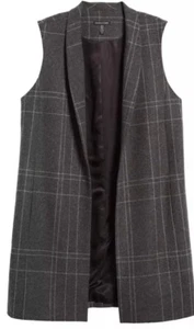XL NEW EILEEN FISHER DARK ASH WINDOWPANE WOOL BLEND FLANNEL LONG VEST W/ LINING - Picture 1 of 5