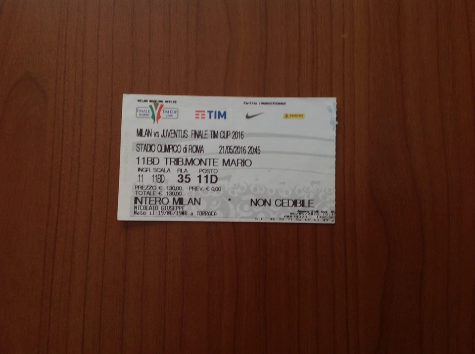 Biglietto/Ticket FINALE COPPA ITALIA JUVENTUS/MILAN 21/05/2016 OTTIMO - Immagine 1 di 1