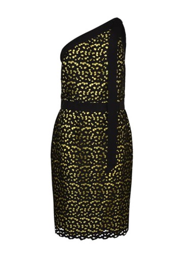 Abito a una spalla Moschino da donna nero e giallo pizzo taglia 12 NUOVO CON ETICHETTE IMBALLO ORIGINALE £450