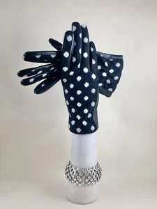 Vintage Inspired Black Leather & Spotted Stretch Fabric Dress Gloves Size M - Picture 1 of 16