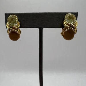 Pendientes Clip Vintage Verde Marrón Esmalte Tono Dorado - Imagen 1 de 9