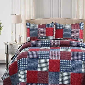 Red Blue Plaid Quilt Set Full/Queen Size Country Patchwork Bedding Lightweight R - Picture 1 of 12
