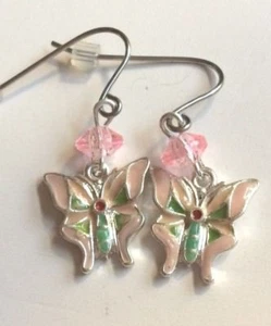 Butterfly Earrings Easter Pastel Green Peach Enamel Bead Silver Plated - Picture 1 of 12