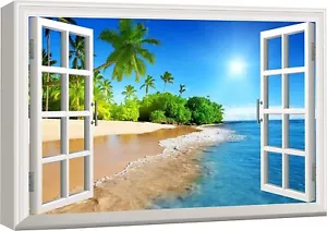 24"x36"-Tropical Beach Landscape Wall Art Nature Window View 3d Canvas Print - Picture 1 of 5