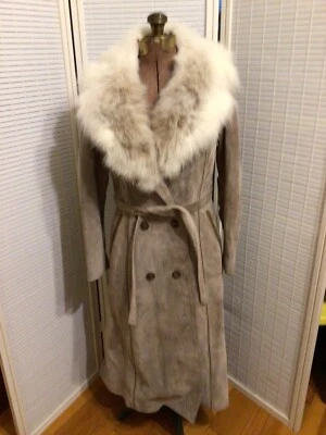 Vintage 80s Women's Saks Fifth Ave. Suede Double Breast Trench Coat Fur Collar 6 - Image 1 of 4