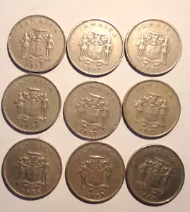 Lot of Nine 9 (1972 & 1975) Jamaica 10 (TEN) Cents Coins Jamaican Circulated - Picture 1 of 2