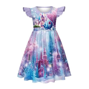 Girls Nightgown Ruffle Sleeve Princess Pajamas Purple Castle Casual Dress for... - Picture 1 of 6